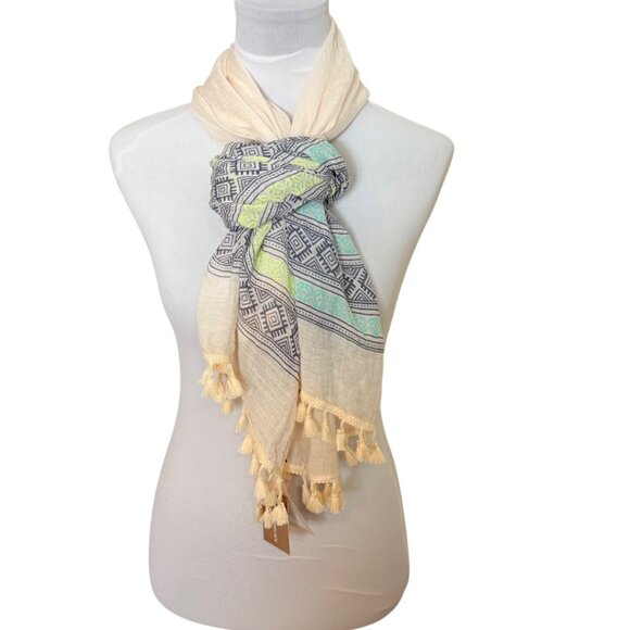 Francescas Lightweight Boho Tassel Scarf Geometric Print Cream Pastel Summer - Picture 3 of 15